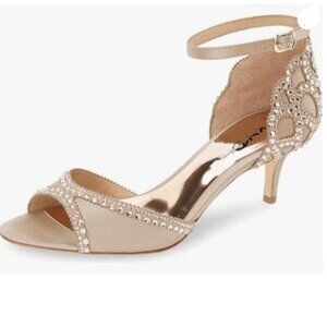 XYD Champagne Peep Toe D'Orsay Kitten Heel Rhinestone Studs Ankle Strap Sandals